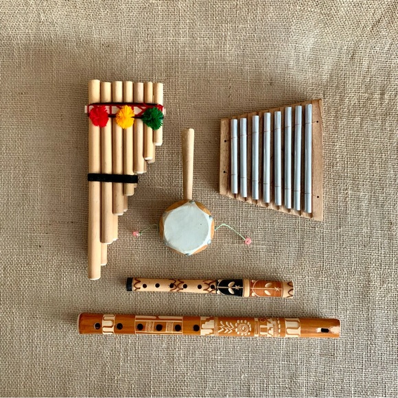 5 Instrument Bundle: 2 Carved Wood Flutes, Pan Flute, Hand Drum & Xylophone - Picture 1 of 15